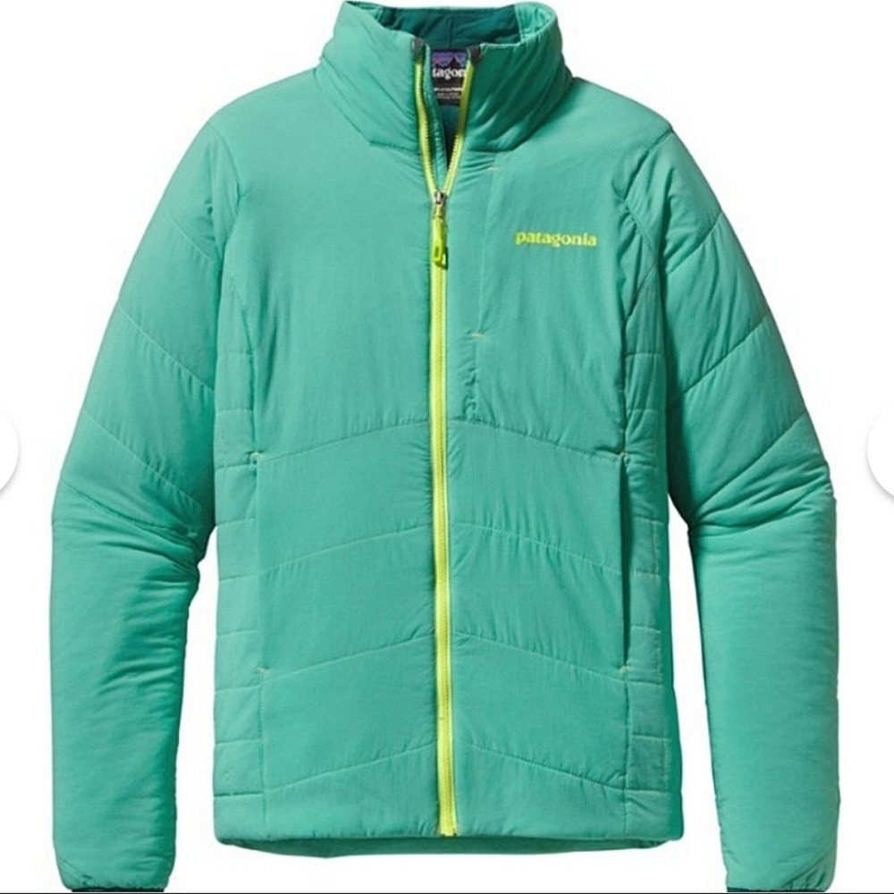 Patagonia Teal Green Puffy Jacket with Lime Zipper
